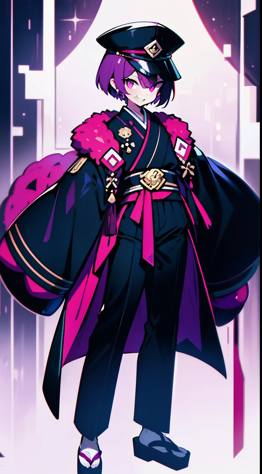 young guy, short fluffy hair, lilac eyes, Best quality, Super detailed illustration, Postman Hat, japanese loose clothing, purple and dark tones, grin, full length, dark aura, black and red, Two tons, dark shade, red tint, high contrast, Dark lighting