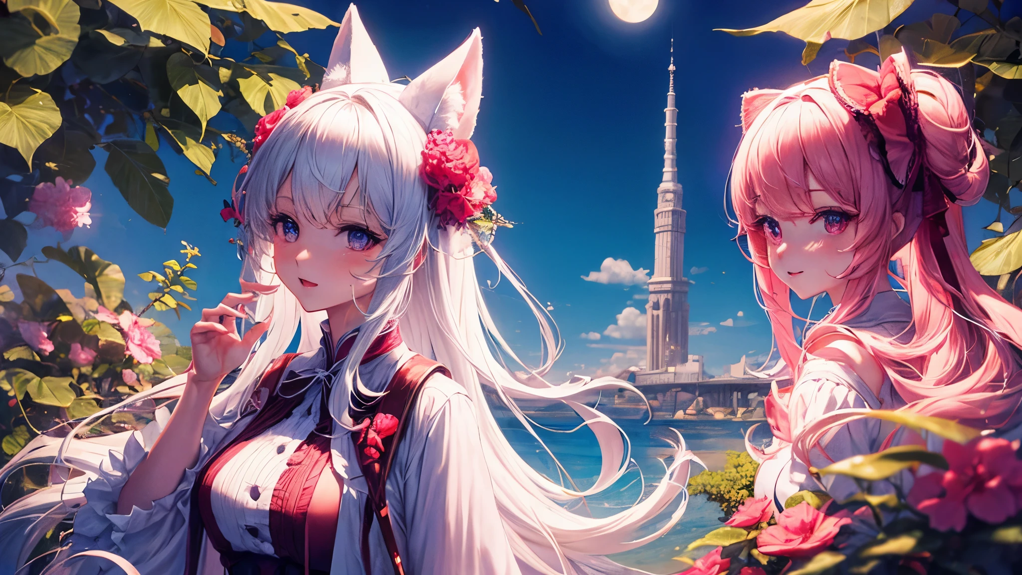 sky beautiful moon anime girl long hair white hair pink eyes looking back white dress pink ribbon large ribbon on head illustration
