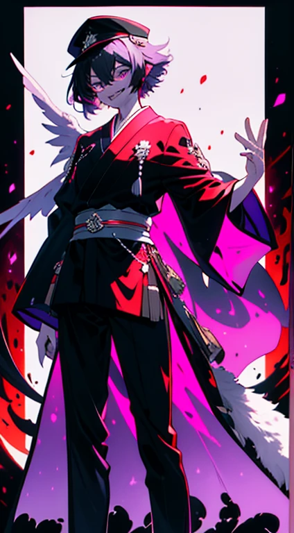 young guy, short fluffy hair, lilac eyes, Best quality, Super detailed illustration, Postman Hat, japanese loose clothing, purple and dark tones, grin, full length, dark aura, black and red, Two tons, dark shade, red tint, high contrast, Dark lighting