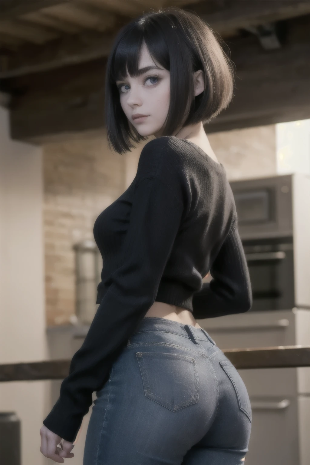 ((Best quality)), ((masterpiece)), (detailed), perfect face, ((Best quality)), ((masterpiece)), (detailed), perfect face европейская девушка с чёрными волосами, shoulder-length hair, forelock, big eyes, ((Purple eyes)), the girl is dressed in a black closed-back long sleeve and black jeans, pale skin, Goth Girl, slender thin girl with short hair, Bob with bangs haircut, Black hair, bangs between the eyebrows, strand of hair between eyebrows, smart facial expression, ((bob hairstyle)), hair above the shoulders, ((in a long sleeve sweater))