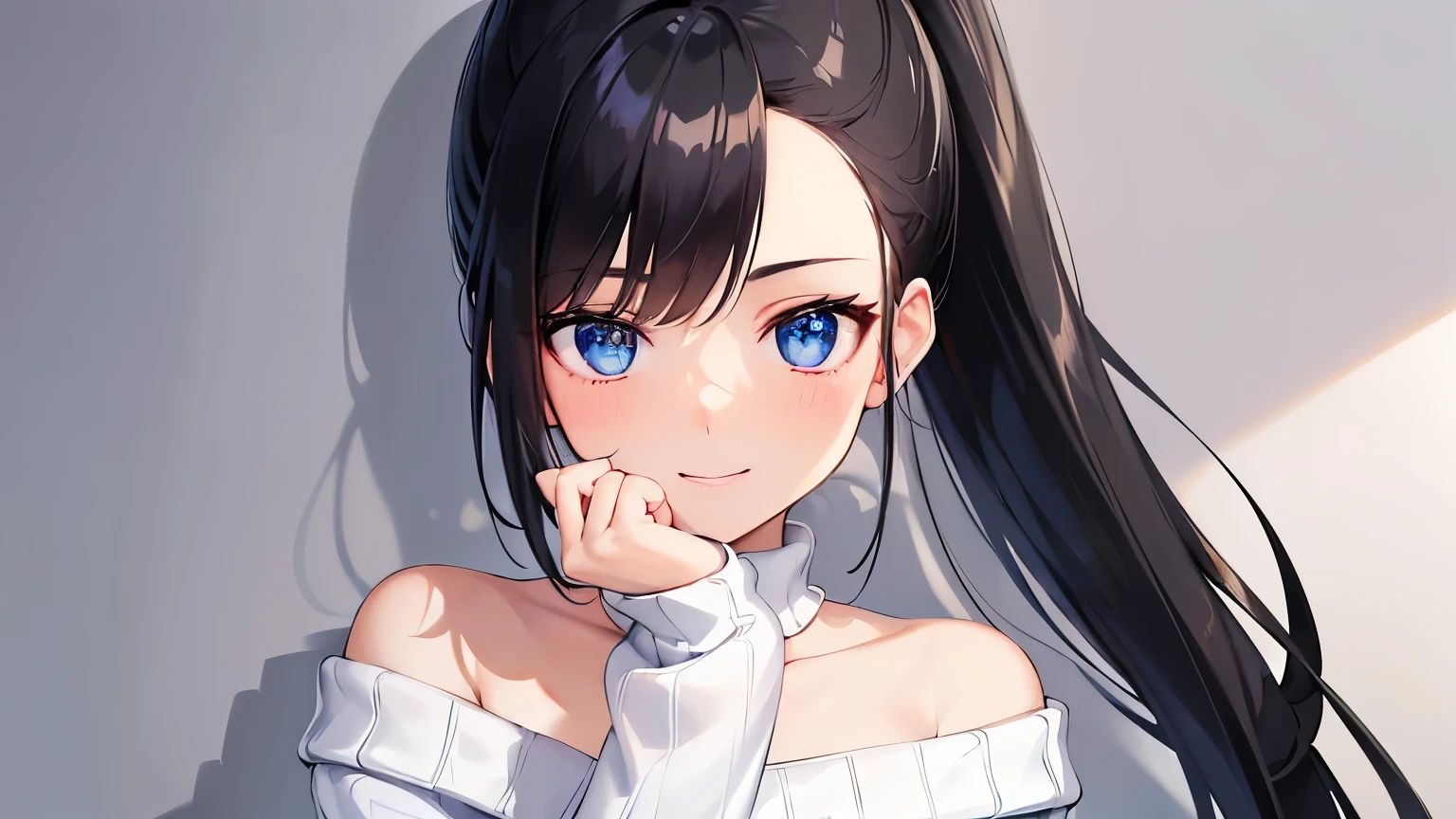((White off-the-shoulder sweater)) 、1 girl、solo、 black hair、ponytail、beautiful eyes、black choker、Superlative quality、((Top-notch image quality))、Neat and clean girls、beautiful girl、smile、cute、I can see the whole body、Dainty girl