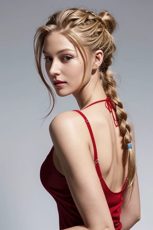 arafed woman with a red dress and a braid in her hair, long pigtail, 2 4 year old female model, long braided blond hair, long ponytail, pigtails hairstyle, hair in slick low ponytail, long blond braided hair, ponytail hair, long braided hair pulled back, ponytail, with a ponytail, hair ponytail