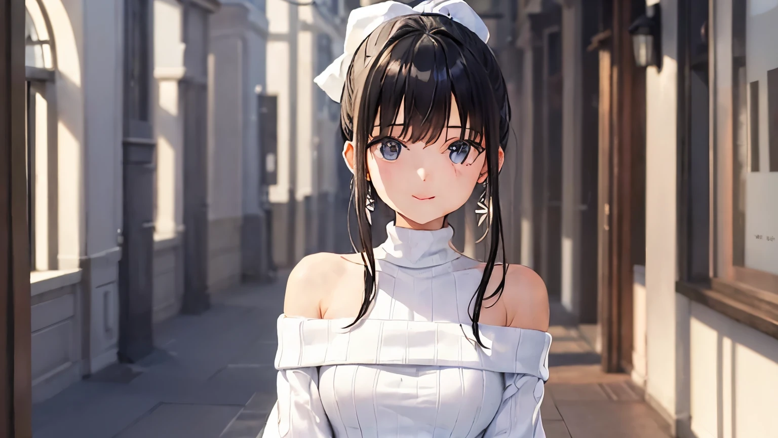 ((White off-the-shoulder sweater)) 、1 girl、solo、 black hair、ponytail、beautiful eyes、black choker、Superlative quality、((Top-notch image quality))、Neat and clean girls、beautiful girl、smile、cute、I can see the whole body、Dainty girl