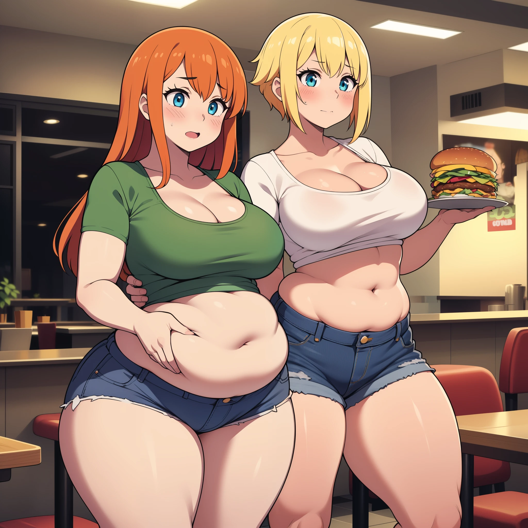 ((highres)), Masterpiece, high quality, best quality, beautiful, perfect lighting, detailed face, ultra cute face, ((2girls)), ((blush)), one girl has blonde hair, blue eyes, crop top and shorts, one girl has orange hair, green eyes, jeans, white shirt, ,tight clothes, fast food restaurant, medium breasts, cleavage, perky breasts, ((wide hips)), (thick thighs), (pudgy), standing next to each other, belly grab, grab from behind
