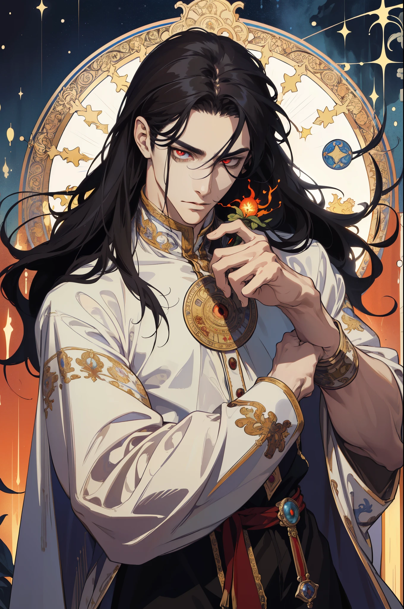 (absurdity, a high resolution, over-detailed), 1 man, adult, The cutest, tall muscular guy, broad shoulders, detailed eyes and detailed face, Beating up the magic, Winding flame, (masterpiece, side light, beautiful beautiful eyes: 1.2), HDR, (glowing red eyes)), Handsome long-haired man, Black hair, musculature, rain, Beautiful, facing the camera, masterpiece Fool \tarot\, bard, clown, Symbolism, art, occultism, Universal, Vision Casting, Philosophical, Iconography, Divination by numbers, Popularity, art, by Alphonse Mucha, inscrutability, Head rotation, hold your chin, tousled black hair, Rich clothes