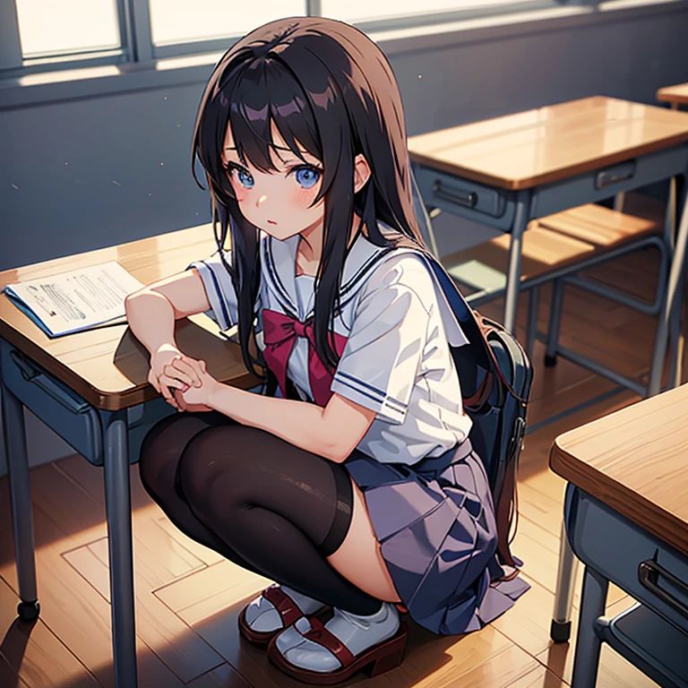 Anime girl with big ass sitting on desk in classroom, a hyperreal high school girl, hyperreal high school girl, real high school girl, cute , schoolgirl, Small curves , anime girl squatting, beautiful anime high , seductive anime girl, [ 4K digital art ]!!, Smooth anime CG art, Beautiful anime girl squatting