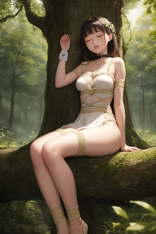 masterpiece, highest quality, slender young girl, ((Restrained to a tree, shibari)), closed eyes, forest, (clenched teeth, tears,collar)