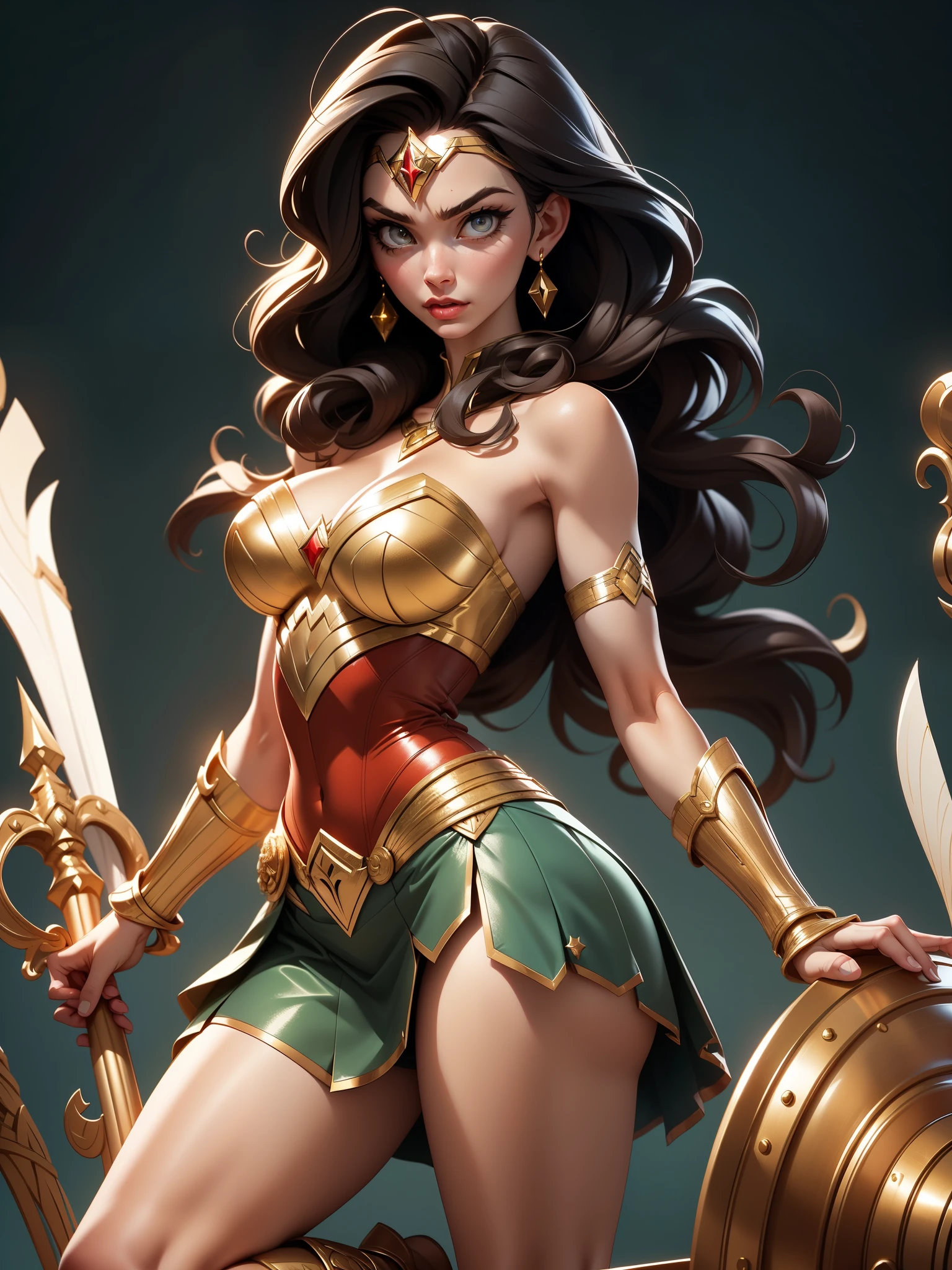 Generate a masterpiece in the best quality, achieving a photorealistic and cinematic appearance with ultra-detailed features, rendered in 8k resolution. The composition should be a wide shot, capturing Wonder Woman's full body in a dynamic and powerful pose. The central figure is Wonder Woman. She wears a meticulously designed attire that reflects her iconic warrior image. The bodice is snug and durable, colored in deep red with intricate gold accents. The gold accents form a prominent "W" on her chest, symbolizing her title and identity. Her outfit includes a blue skirt that reaches mid-thigh, engineered for optimal movement and practicality in battle. The skirt boasts gold trim and layered details, achieving both elegance and functionality on the battlefield. Accentuating her fierce appearance, Wonder Woman dons gold bracelets that possess the ability to deflect attacks. These gauntlets, also gold, provide protection for her forearms and contribute to her warrior aesthetic. On her feet, she wears golden sandals with ankle and calf straps. These sandals are designed for comfort and shock absorption, while intricate Amazonian patterns are engraved into the gold, marrying style with utility. Perched above her eyes is a gold tiara adorned with a star-shaped emblem. This tiara is a representation of hope and her royal standing, further emphasizing her strength and guidance