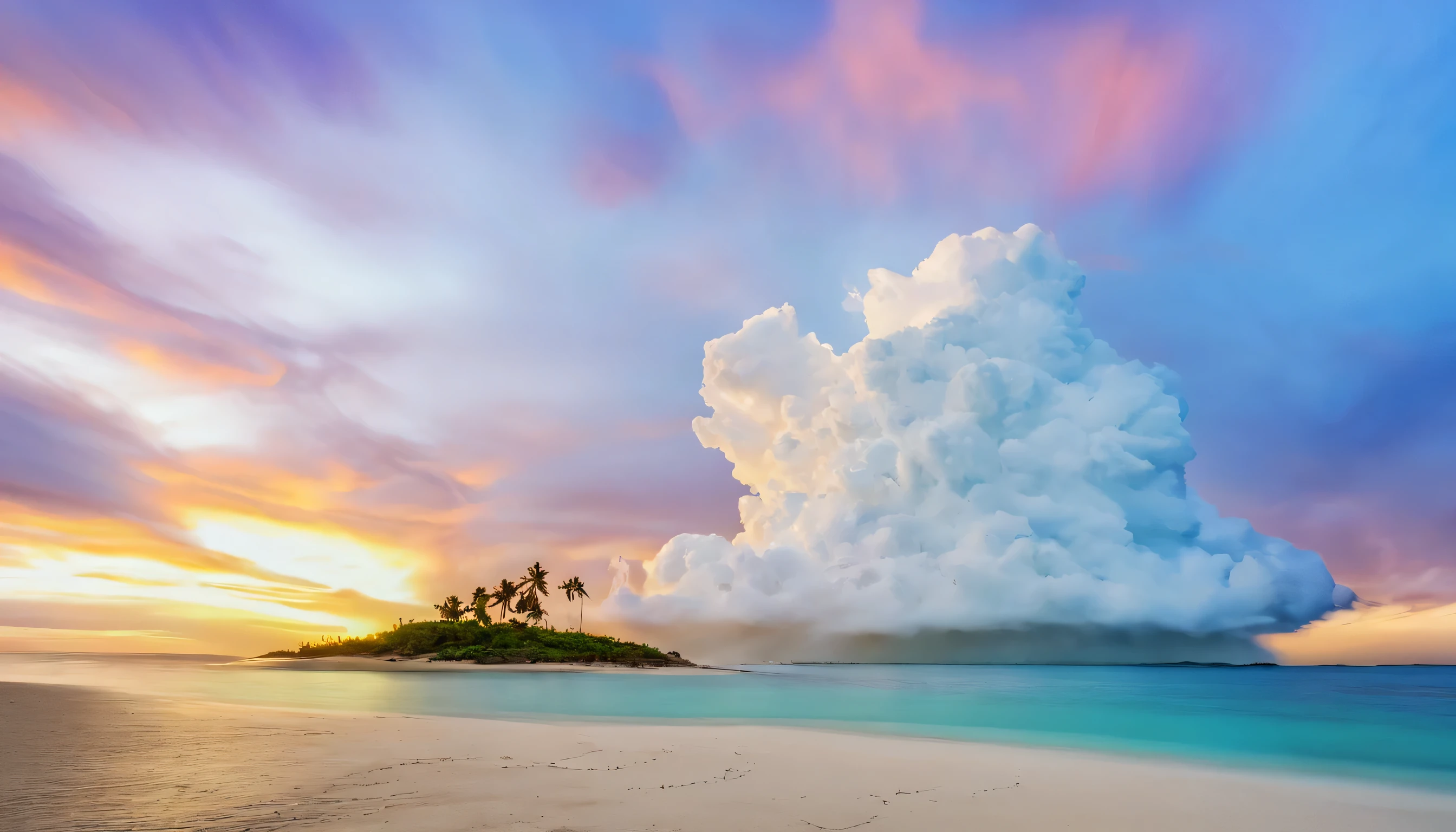 Colorful sky、orange、Colorful clouds、((Cumulonimbus cloud))、blue sea、white sand beach、coconut tree、coconut、fantastic scenery、amazing amazing art、wallpaper、highest quality、best image quality、super resolution、masterpiece、