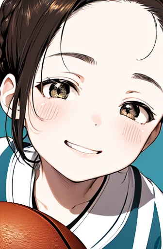 face close-up,looking away,dribbling a basketball,,smile,sportswear for basketball, adorable, japanese girl, Hair brown hair,Braid, hair scrunchie, (high color saturation:1.0), highest quality, ultra high resolution, Super detailed, 8K, RAW photo NSFW