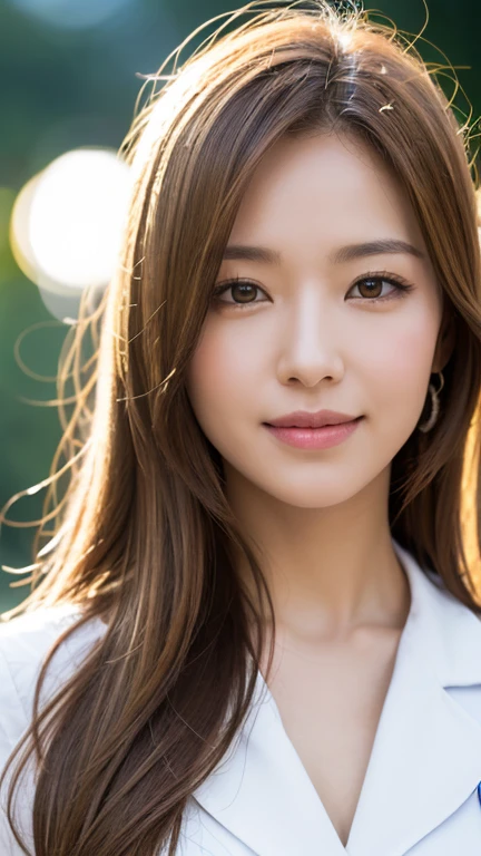 Long blonde fringed hair, brown eyes, 1 girl, doctor, smile, innocent, 100mm lens, (realistic, Lens flare:1.4), Look to the right, as doctor, uniform, (intricate details:1.2),(masterpiece, :1.3),(highest quality:1.4), (ultra high resolution:1.2), ultra high resolution, (fine eyes), (detailed facial features), HDR, 8K resolution, vision, reflections on floor, Low-cut open cross