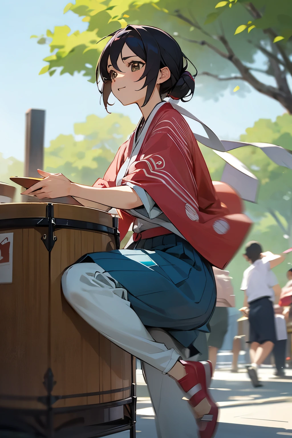 An anime-style woman in her 30s wearing American casual clothes.、Playing Japanese drums at a daytime street performance in the park.、High-quality, dynamic video that conveys a lively and moving performance。