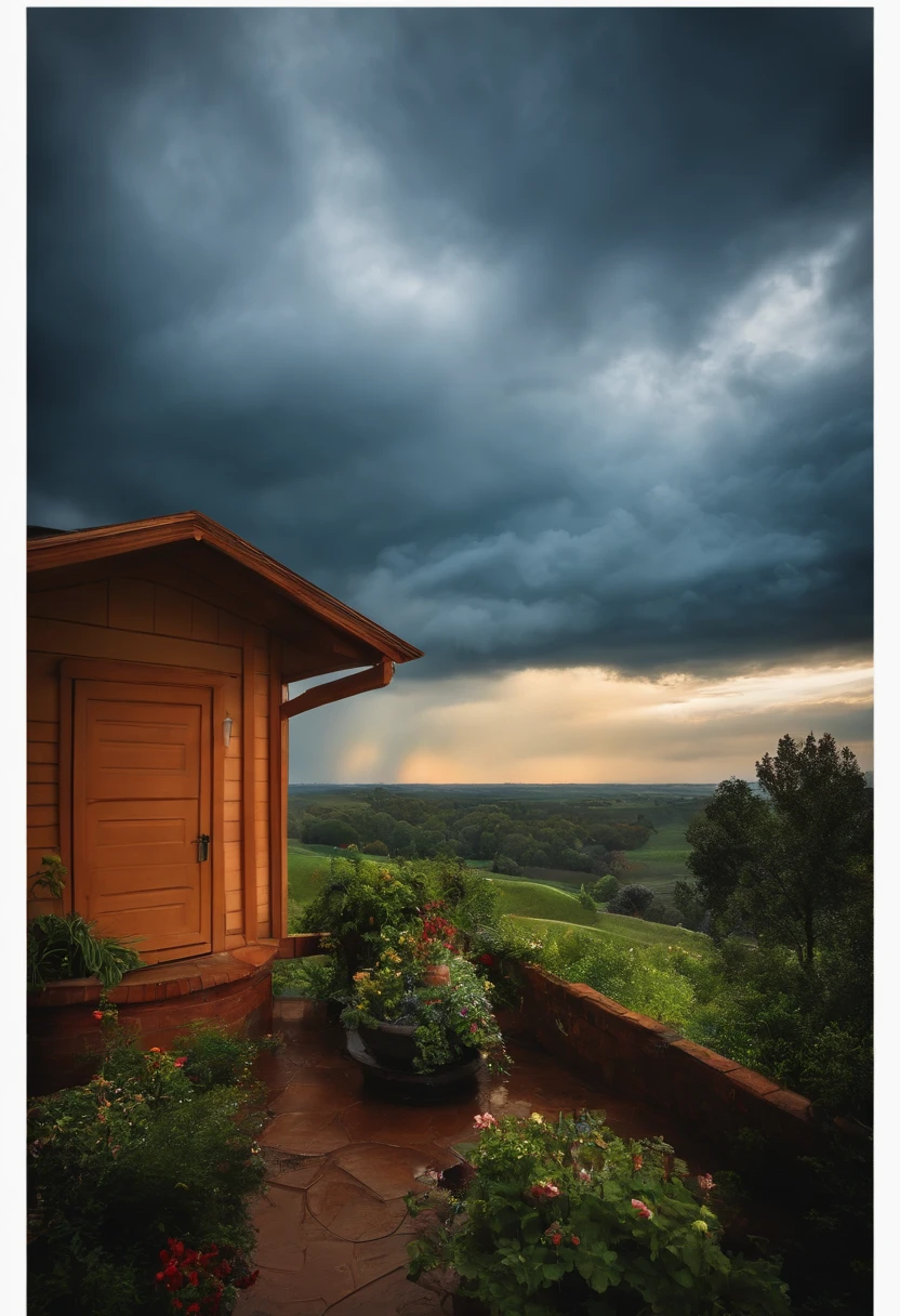 Large sky, small hosue, cloudy day, rainy