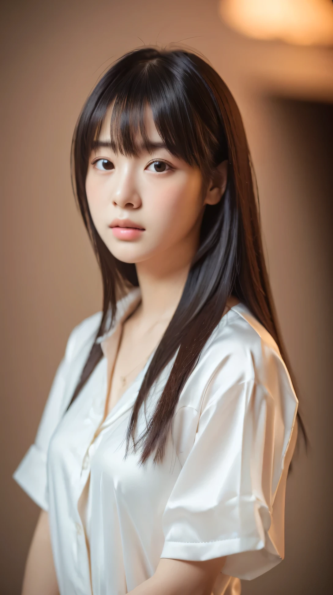 (masterpiece, highest quality, RAW photo, realistic:1.2), 1 girl, look away, sad, beautiful girl, cute, delicate girl, hair up, written boundary depth, High resolution, Super detailed, detailed, 非常にdetailedな目と顔, realistic student, sharp focus, cinematic lighting, Upper body, bangs, silk shirt,