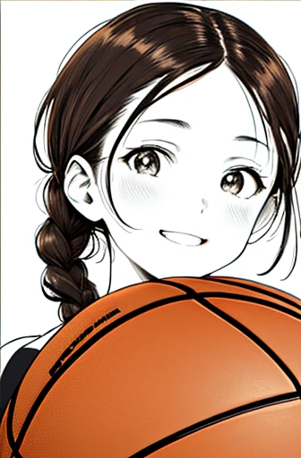 face close-up,looking back,dribbling a basketball,,smile,sportswear for basketball, adorable, japanese girl, Hair brown hair,Braid, hair scrunchie, (high color saturation:1.0), highest quality, ultra high resolution, Super detailed, 9K, RAW photo NSFW