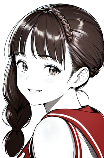 face close-up,looking back,dribbling a basketball,,smile,sportswear for basketball, adorable, japanese girl, Hair brown hair,Braid, hair scrunchie, (high color saturation:1.0), highest quality, ultra high resolution, Super detailed, 9K, RAW photo NSFW