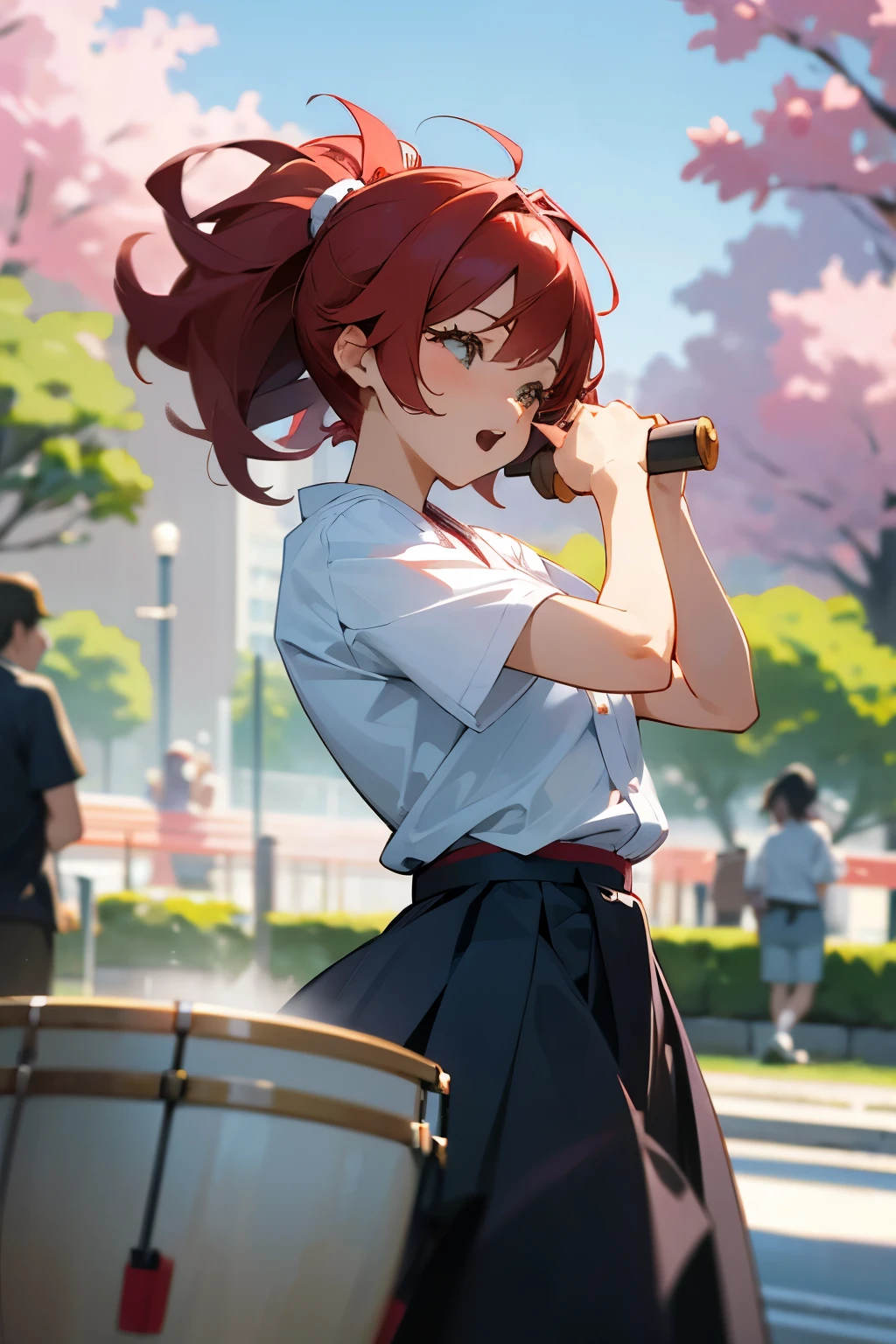 An anime-style woman in her 30s wearing American casual clothes.、Playing Japanese drums at a daytime street performance in the park.、High-quality, dynamic video that conveys a lively and moving performance。