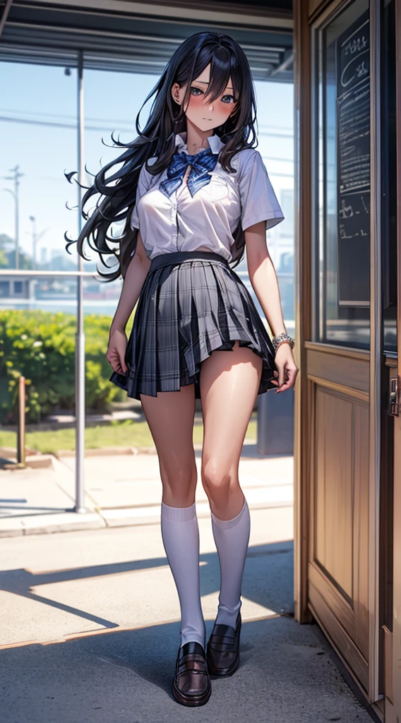 schoolgirls,Semi-sheer white shirt,Short skirt blown by the wind,Black panty,Medium chest