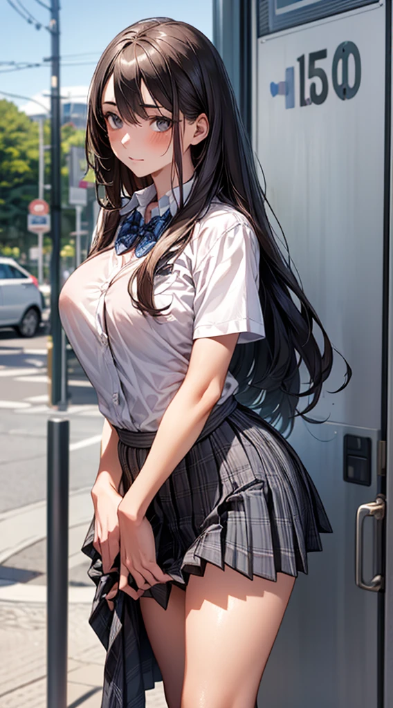 (masterpiece:1.2, top-quality), (realistic, photorealistic:1.4), beautiful illustration, 
looking at viewer, full body, front view:0.6, 
1 girl, japanese, high school girl, (long hair:1.5), blown hair, (half up, half updo), bangs, hair between eye, large breasts:0.8, 
beautiful hair, beautiful face, beautiful detailed eyes, beautiful clavicle, beautiful body, beautiful chest, beautiful thigh, beautiful legs, beautiful fingers, 
(beautiful scenery), , school,
((collared short sleeve shirt, white shirt, school uniform, grey plaid pleated skirt, blue plaid bow tie)), white panties, 
(standing, , lift up skirt, grab the hem of the skirt, hands on chest, hand between legs), 
blush, ,