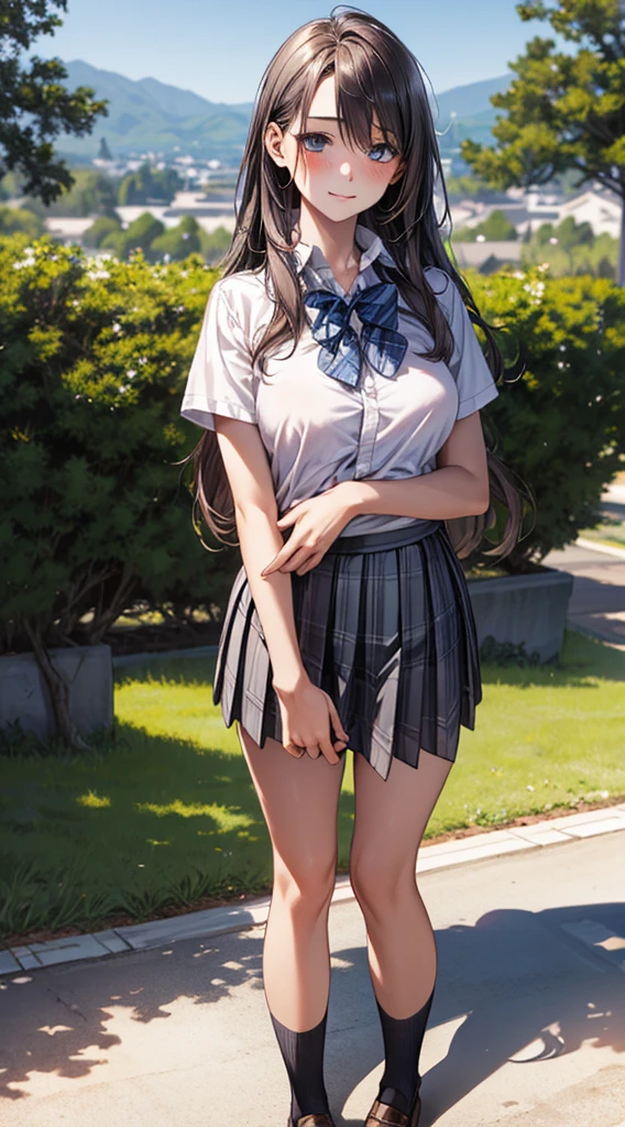 (masterpiece:1.2, top-quality), (realistic, photorealistic:1.4), beautiful illustration,
looking at viewer, full body, front view:0.6,
1 girl, japanese, high school girl, (long hair:1.5), blown hair, (half up, half updo), bangs, hair between eye, large breasts:0.8,
beautiful hair, beautiful face, beautiful detailed eyes, beautiful clavicle, beautiful body, beautiful chest, beautiful thigh, beautiful legs, beautiful fingers,
(beautiful scenery), , school,
((collared short sleeve shirt, white shirt, school uniform, grey plaid pleated skirt, blue plaid bow tie)), white panties,
(standing, , lift up skirt, grab the hem of the skirt, hands on chest, hand between legs),
blush, ,