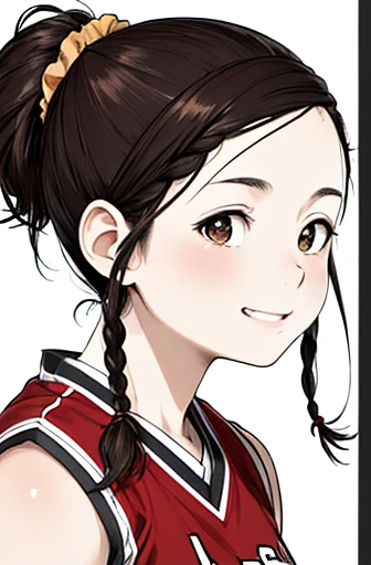 face close-up,looking side,dribbling a basketball,,smile,sportswear for basketball, adorable, japanese girl, Hair brown hair,Braid, hair scrunchie, (high color saturation:1.0), highest quality, ultra high resolution, Super detailed, 11K, RAW photo NSFW