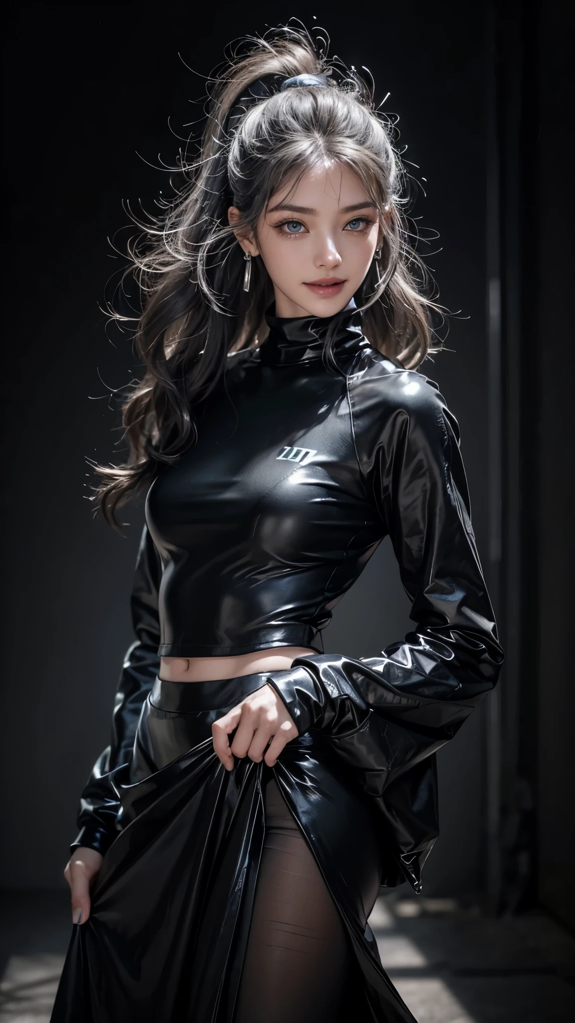 Beautiful woman, soft little hands, perfect body, pear-shaped body, petite and cute, small man's waist, leather skirt, short clothes, tights, thigh ties.