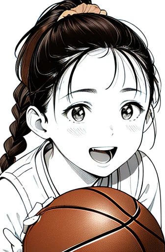 face close-up,looking up,dribbling a basketball,,smile,sportswear for basketball, adorable, japanese girl, Hair brown hair,Braid, hair scrunchie, (high color saturation:1.0), highest quality, ultra high resolution, Super detailed, 12K, RAW photo NSFW