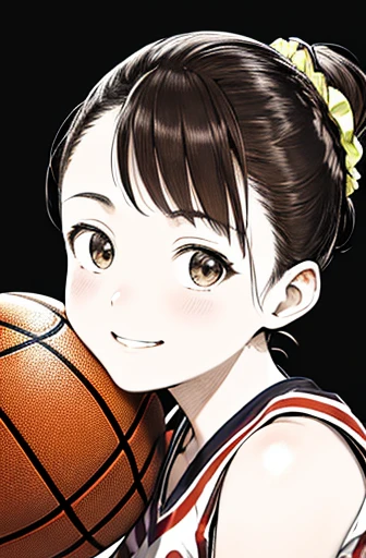 face close-up,looking up,dribbling a basketball,,smile,sportswear for basketball, adorable, japanese girl, Hair brown hair,Braid, hair scrunchie, (high color saturation:1.0), highest quality, ultra high resolution, Super detailed, 12K, RAW photo NSFW