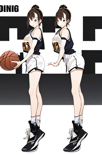 full body,looking at viewer,dribbling a basketball,,smile,sportswear for basketball, adorable, japanese girl, Hair brown hair,Braid, hair scrunchie, (high color saturation:1.0), highest quality, ultra high resolution, Super detailed, 13K, RAW photo NSFW