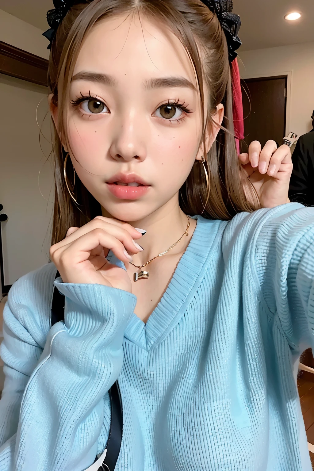 A close-up of a person wearing a sweater and necklace, ulzzang, Lalisa Manobal, el corte de hime, shikami, Lalisa Manoban de Blackpink, retrato realista kawaii, flequillo esponjoso, sakimichan, peinado de corte hime blanco, vibraciones de anime, chica linda-cara-fina, bella delfina, cabello con flequillo blanco