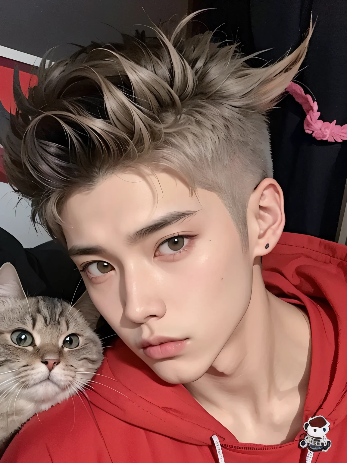 Hombre arafed con una sudadera con capucha roja y un gato blanco y negro en la cara., kim doyoung, cai xukun, handsome japanese demon boy, TaeJune Kim, ulzzang inteligente, yanjun chengt, inspirado en Yanjun Cheng, inspiration and Kim Deuk-sin, 1 7-year-old boy with a thin face, el tiene pelos gris oscuro