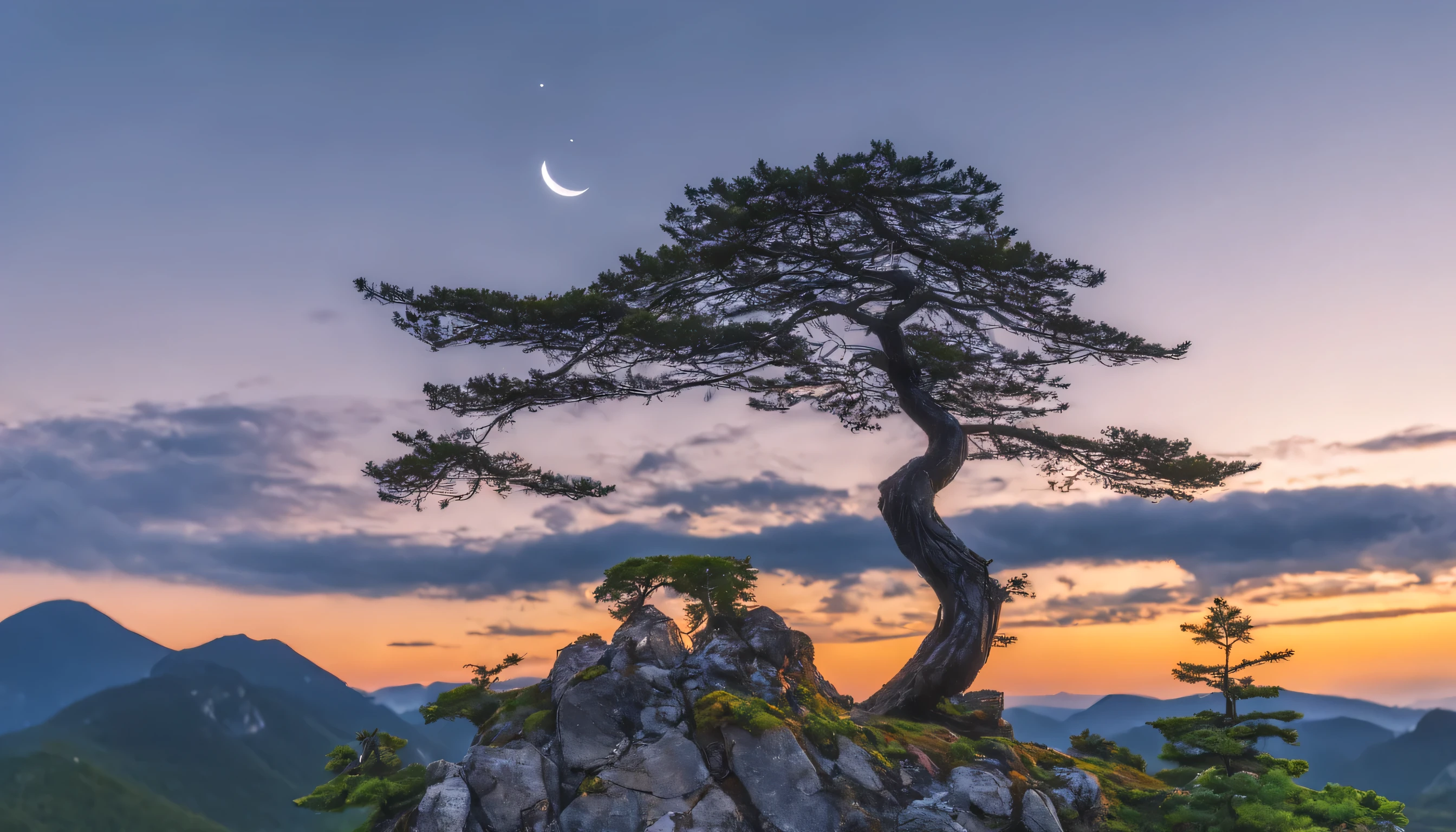 beautiful sunset、Endless sky、A thinly shining crescent moon、Sakhalin fir with branches like bonsai、Sakhalin fir towering over a majestic mountain、Unexplored territory for humanity、fantasy、great art、wallpaper、highest quality、best image quality、super resolution、masterpiece