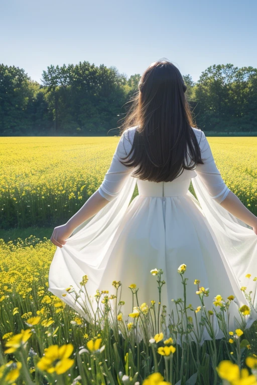 best quality, ultra high definition, (lifelike:1.3),in field high resolution, in the middle of a field, flower field, in a field of blooming flowers(lifelike:1.4)Rapeseed flowers(There are many of them:1.4)girl in white clothes standing in the distance(The back does not show its face:1.4)Movement stretching(Spread your hands：1.2）(flower：1.2）
