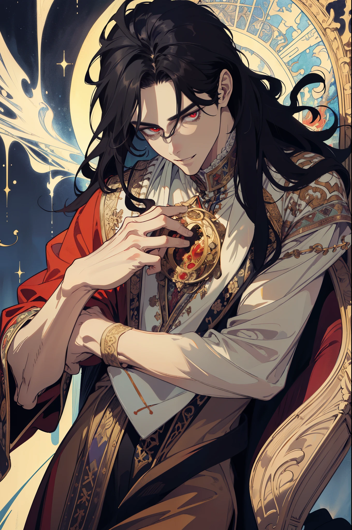 (absurdity, a high resolution, over-detailed), 1 man, adult, The cutest, tall muscular guy, broad shoulders, detailed eyes and detailed face, Beating up the magic, Winding flame, (masterpiece, side light, beautiful beautiful eyes: 1.2), HDR, (glowing red eyes)), Handsome long-haired man, Black hair, musculature, rain, Beautiful, facing the camera, masterpiece Fool \tarot\, bard, clown, Symbolism, art, occultism, Universal, Vision Casting, Philosophical, Iconography, Divination by numbers, Popularity, art, by Alphonse Mucha, sexuality ,playful look, grin, inscrutability, Head rotation, hold your chin, tousled black hair, Rich clothes