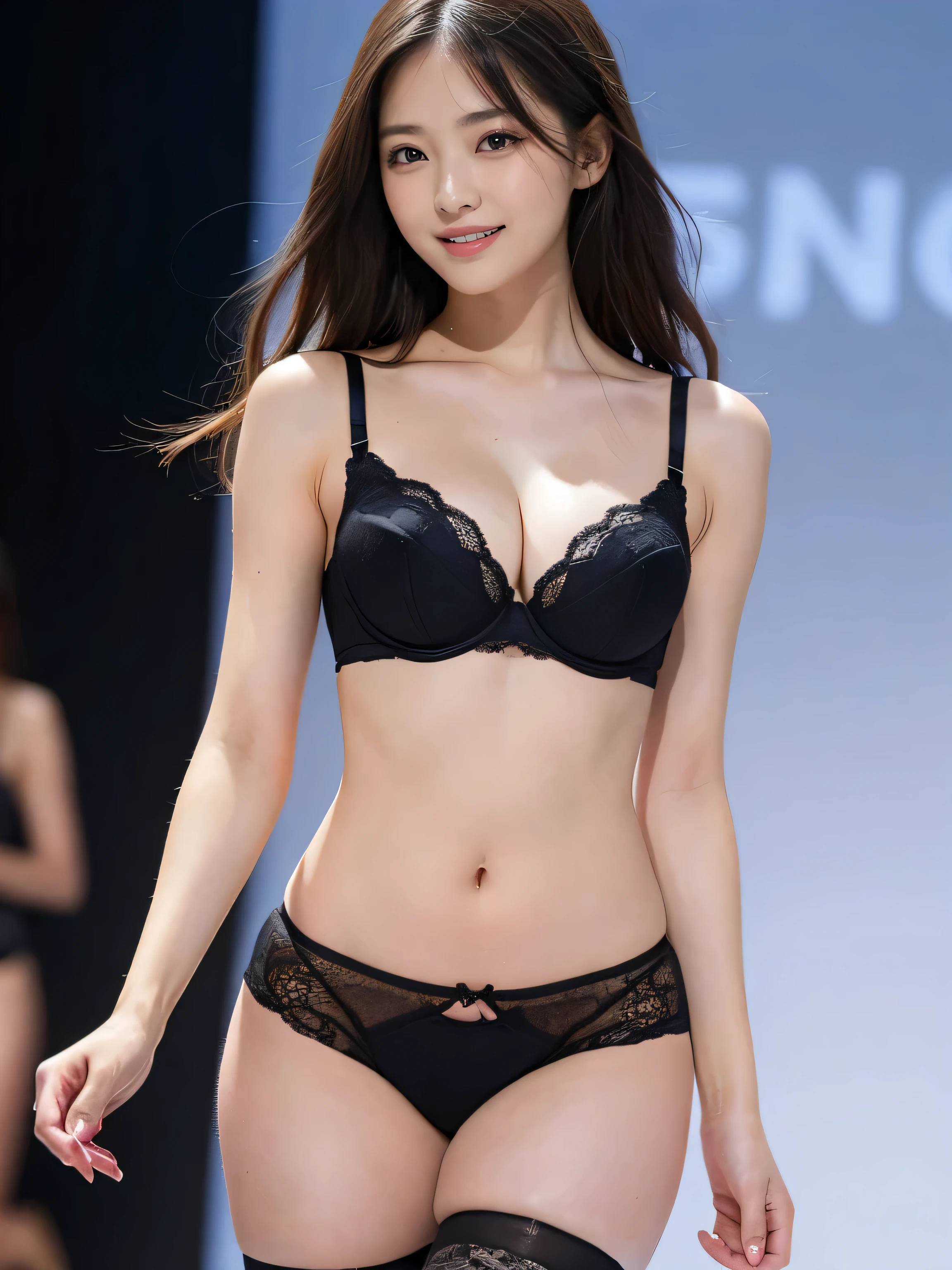 (((from the thighs up)))、(((exposed thighs)))、((black bra))、((Black high-leg panties))、((random sexy pose))、((fashion show))、((Runway))、(((big  )))、((open chest))、(have cleavage)、((beautiful and detailed eyes))、delicate features、(crisp double)、(8K)、(highest quality)、(High resolution)、(High resolution)、shy smile、medium hair