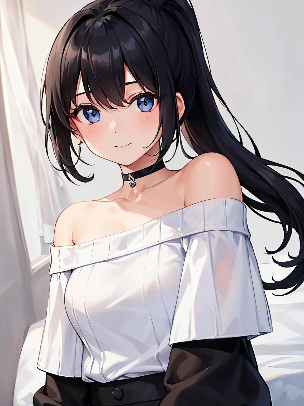 ((White off-the-shoulder sweater)) 、1 girl、solo、 black hair、ponytail、beautiful eyes、((black choker))、Superlative quality、((Top-notch image quality))、Neat and clean girls、smile、very cute and cute、I can see the whole body、noon、Bedroom、finely detailed background