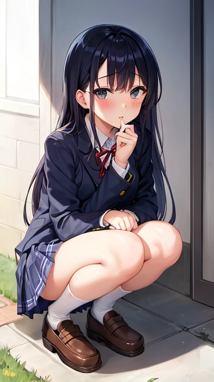 girl、High school girl naked from the waist down、High school girl uniform on the upper body, squat、sit、Viewer-facing、、Pissing、Pee、(blush:0.8)、exposed female genitals、alley
