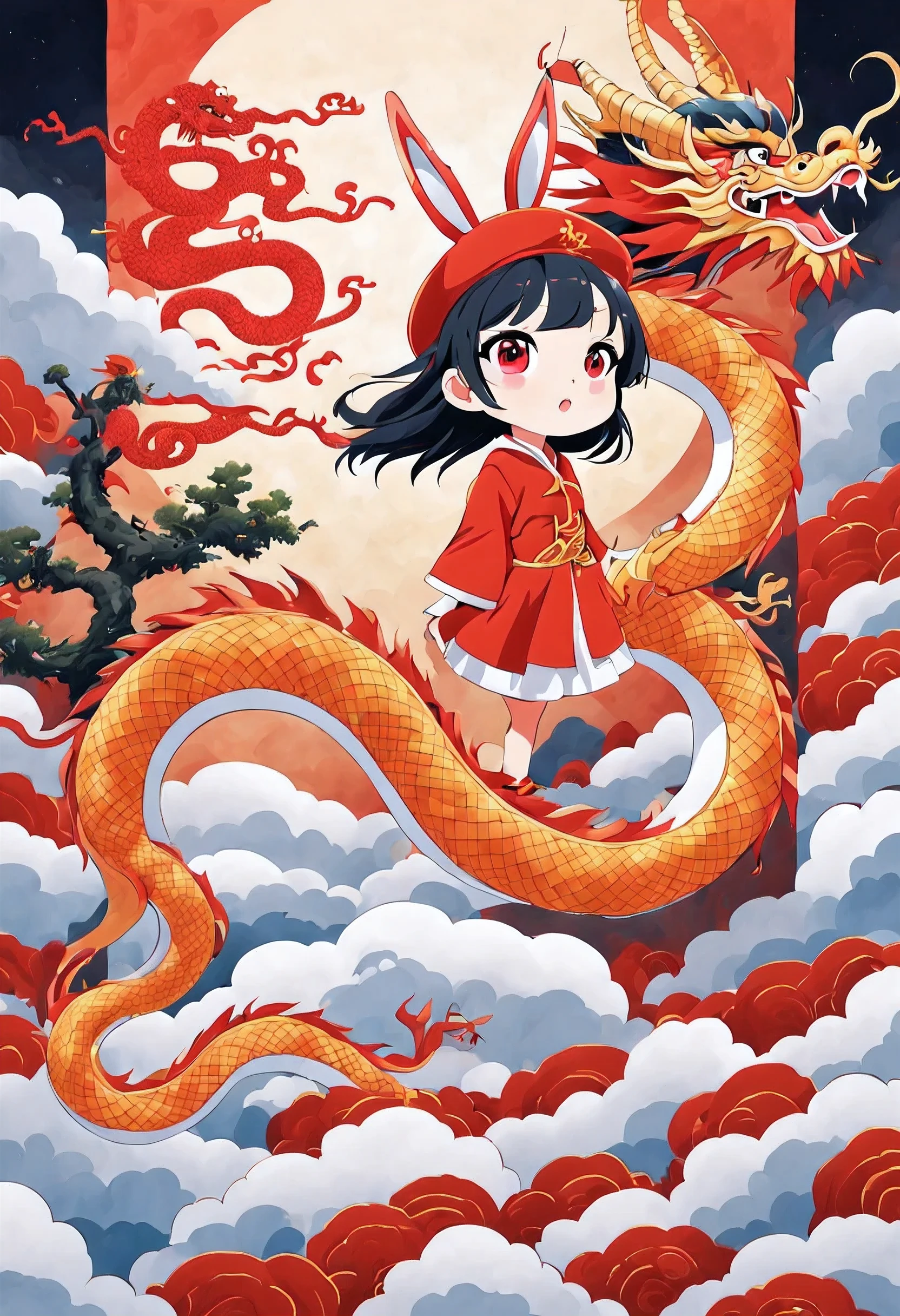 *********** wearing bunny ears hat, Riding a huge red Chinese dragon, The dragon is entwined among the huge numbers、Travel through gold 2024 3D digital,black hair, Wear red cloth shoes、Wear red, red simple background，The whole screen is red，an Chinese ink painting style，The background is a minimalist auspicious cloud texture,super wide angle,elevation,artistic creation,high quality,masterpiece,masterpiece,art poster,minimalist art,极简two-dimensional插画,flat style,two-dimensional,