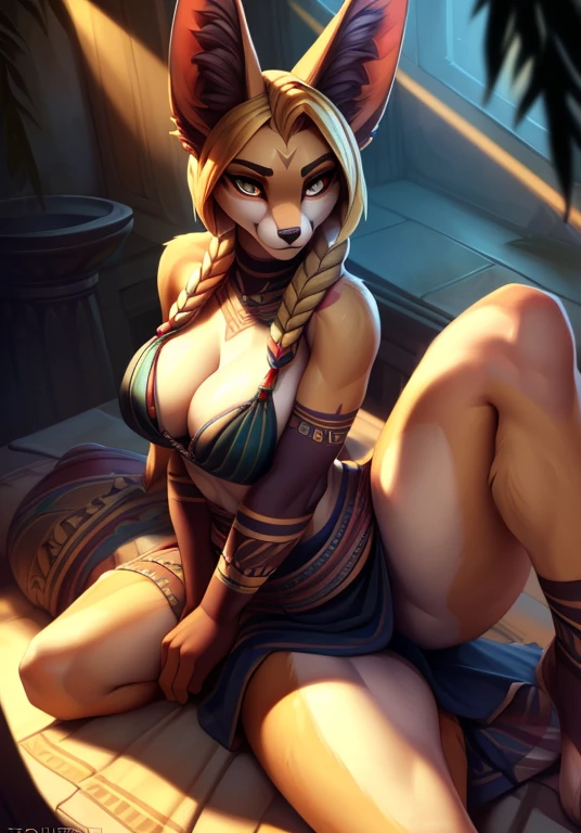uploaded on e621, by Pixelsketcher, by Bayard Wu, by Thomas Benjamin Kennington , by Einshelm, solo anthro, ((portrait)), BREAK, ((wear tribal outfit)), ((wear huntress clothing)), (red tribe face paint), very sweaty, (detailed Bonifasko lighting), (detailed fur), (detailed skin), BREAK, ((facing viewer with legs spread)), (cinematic lighting), ((detailed background)), ((high-angle view)), (((three-quarter view))), (half body shadow), [backlighting], [crepuscular ray], [detailed ambient light], [gray natural lighting], [ambient light on the belly], (higher wildlife feral detail), [explict content], [sharp focus], (questionable content), (shaded), ((masterpiece), medium hips, medium breasts, breasts, furry fennec, fennec face, Furry Fantasy Art, Anthro Art, Commission for High Res, Furry Art, POV furry Art,Sakimichan beautiful, best quality, detailed image, bright colors, detailed face, perfect lighting, perfect shadows, perfect eyes, girl focus, majestic hazel eyes, flawless face, gorgeous body, hourglass body, shiny body, center focus, fennec ears, fennec girl, fluffy, fluffy woman, body fur, animal nose, muzzle, two-tone fur, gaze at the viewer, half-closed eyes, 1girl, solo, full body, (masterpiece:1.21), (best quality:1.2), (illustration:1.2), (cinematic lighting:1.3), (detailed fur), balanced coloring, global illumination, ray tracing, good lighting, furry, anthro,big butt, showing breasts, cleavage, attractive body, sexy body, looking at viewer, seductive look, thick thighs, fit body, ((undercut hairstyle)), braided hairstyle, blonde hair, (cleavage overflow)