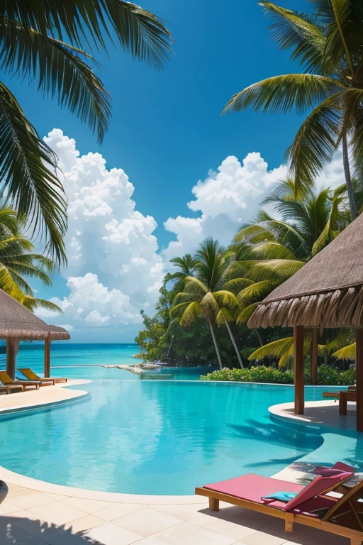 resort,girl swimming in the crystal-clear pool,tropical paradise,golden sandy beaches,luxury villas,exotic palm trees,azure blue sky,gentle sea breeze,relaxing hammocks,beach volleyball,refreshing cocktails,diving into the turquoise water,sun-kissed skin,sun loungers by the pool,natural beauty of the surroundings,mesmerizing sunset over the ocean,peaceful and tranquil atmosphere,(best quality,4k,8k,highres,masterpiece:1.2),ultra-detailed,(realistic,photorealistic,photo-realistic:1.37),vivid colors,tropical paradise scenery