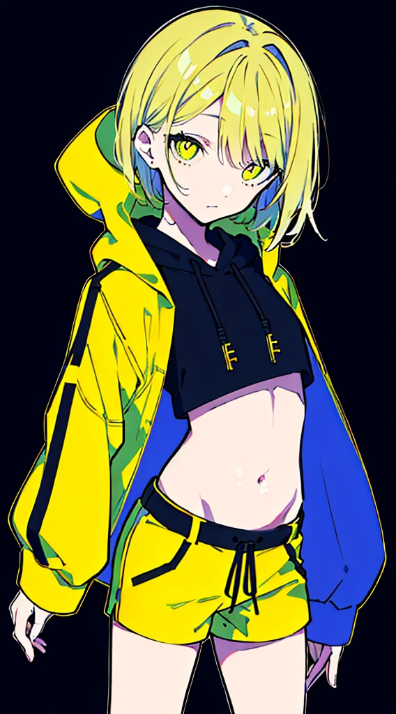 (masterpiece, highest quality:1.6), alone, thick outline, (simple background, Dark yellow background, monochrome, dark yellow theme:1.2), official art, Key Visual, 8K, disorganized, whole body, (Unique hair, Oversized Hoodies, hot pants, arch back, short torso:1.2), belly button, thighs, cowboy shot, HDR, sharp focus, High resolution, most detailed, very detailed, Super detailed, finely, detailed eyes and face, sharp pupils, realistic student