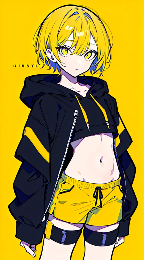 (masterpiece, highest quality:1.6), alone, thick outline, (simple background, Dark yellow background, monochrome, dark yellow theme:1.2), official art, Key Visual, 8K, disorganized, whole body, (Unique hair, Oversized Hoodies, hot pants, arch back, short torso:1.2), belly button, thighs, cowboy shot, HDR, sharp focus, High resolution, most detailed, very detailed, Super detailed, finely, detailed eyes and face, sharp pupils, realistic student