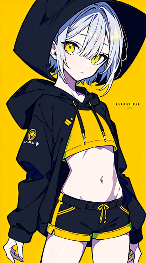 (masterpiece, highest quality:1.6), alone, thick outline, (simple background, Dark yellow background, monochrome, dark yellow theme:1.2), official art, Key Visual, 8K, disorganized, whole body, (Unique hair, Oversized Hoodies, hot pants, arch back, short torso:1.2), belly button, thighs, cowboy shot, HDR, sharp focus, High resolution, most detailed, very detailed, Super detailed, finely, detailed eyes and face, sharp pupils, realistic student