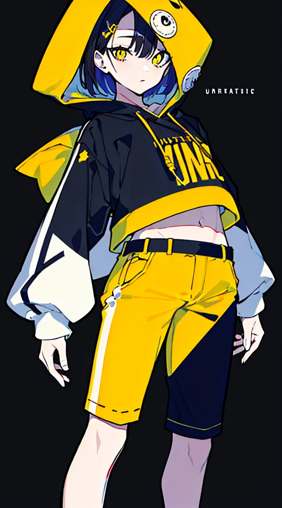 (masterpiece, highest quality:1.6), alone, thick outline, (simple background, Dark yellow background, monochrome, dark yellow theme:1.2), official art, Key Visual, 8K, disorganized, whole body, (Unique hair, Oversized Hoodies, hot pants, arch back, short torso:1.2), belly button, thighs, cowboy shot, HDR, sharp focus, High resolution, most detailed, very detailed, Super detailed, finely, detailed eyes and face, sharp pupils, realistic student