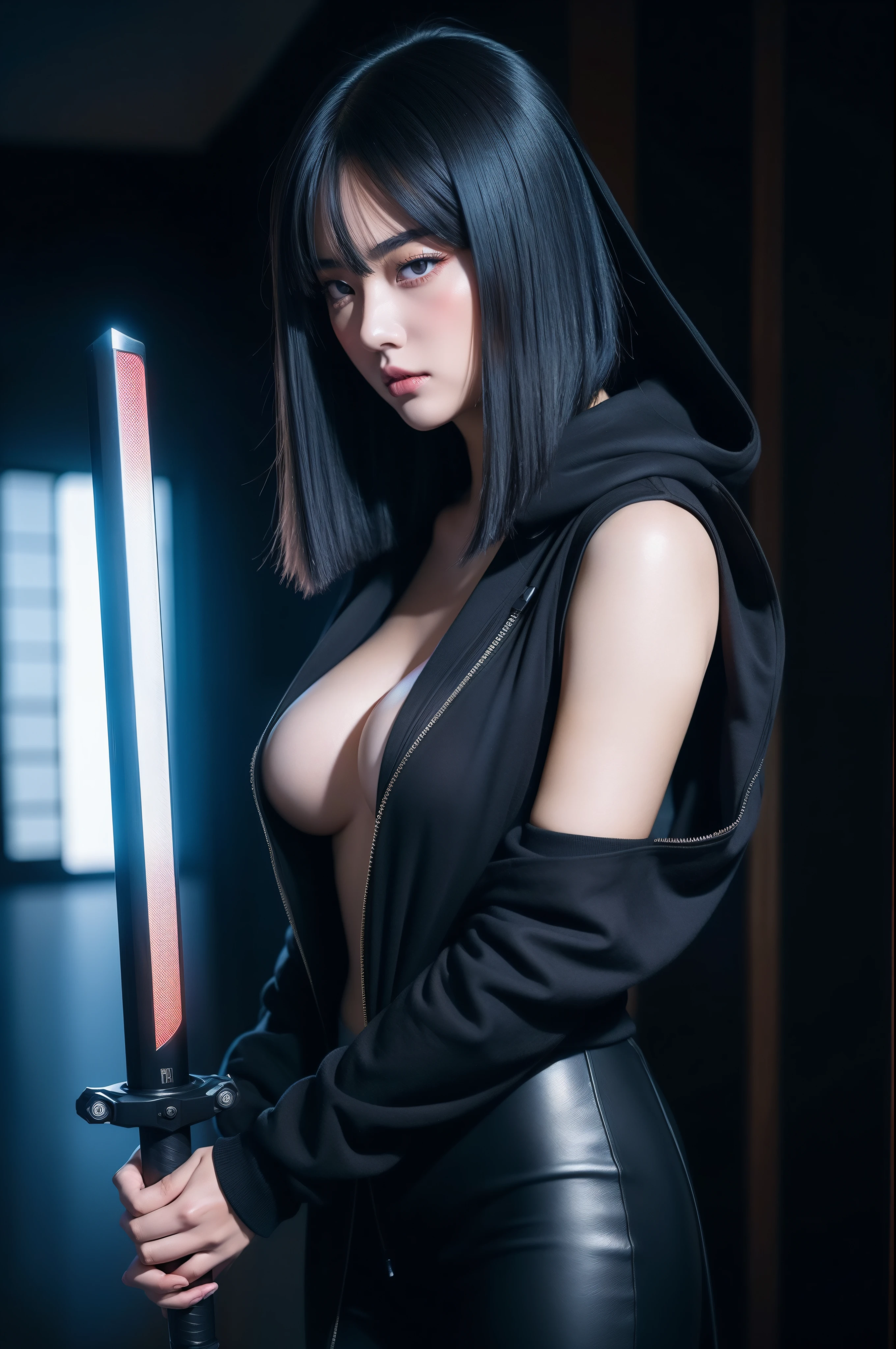 Anime girl in black costume with sword in hand, very beautiful cyberpunk samurai, digital cyberpunk anime art, anime cyberpunk art, cyberpunk anime girl mech, cyberpunk anime girl, cyberpunk anime art, female cyberpunk anime girl, cyberpunk geisha, Digital Cyberpunk - Anime Art, cyberpunk samurai, anime style 4k, terrible anime 8k, cyberpunk anime girl in hoodie, beautiful south korean woman, korean girl, beautiful young korean woman, korean woman, Choi Hong Hwa, korean female fashion model, sexy look, big breasts, sexy pose, show your chest, gray hair