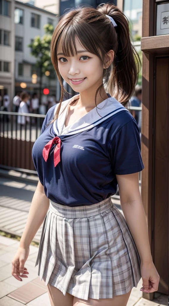 (masterpiece, highest quality:1.2), 8k, official art, RAW photo, incredibly absurd, ( sailor suit, serafuku:1.4), amazing beautiful girl, amazingly cute face, (navy pleated skirt:1.1), close, school uniform, short sleeve, gardenia, violaces, teen, street, looking at the viewer with a smile, no makeup, film grain, chromatic aberration, sharp focus, face light, dynamic lighting, cinematic lighting, detailed eyes and face,short hair、(((white skin without moles)))、 background bokeh、super slim thighs、((Erotic Panties are showing through、beautiful pussy line:1.1))、(High twin tails with ribbons:1.4),,(((A  with an extremely cute young face:1.35))), 、(very young  with big breasts:1.2)