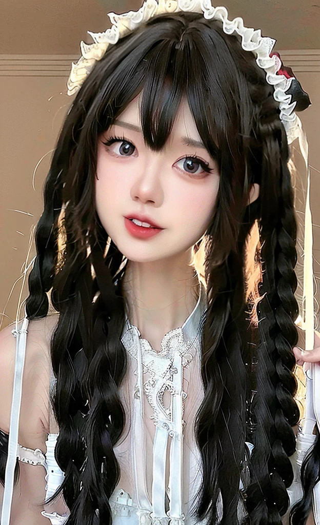 Super high quality, super high definition, super detailed, masterpiece, 25 years old, female, cute, nice body, gothic ta clothes, gothic loliashion, frilly skirt, headdress, necklace, bracelet, knee-high socks, boots, double eyelids, tear bags, Detailed down to the fingers, photo-like description, indoors, dim indoor lighting, black hair, semi long, standing, whole body, composition that shows the whole body, smiling