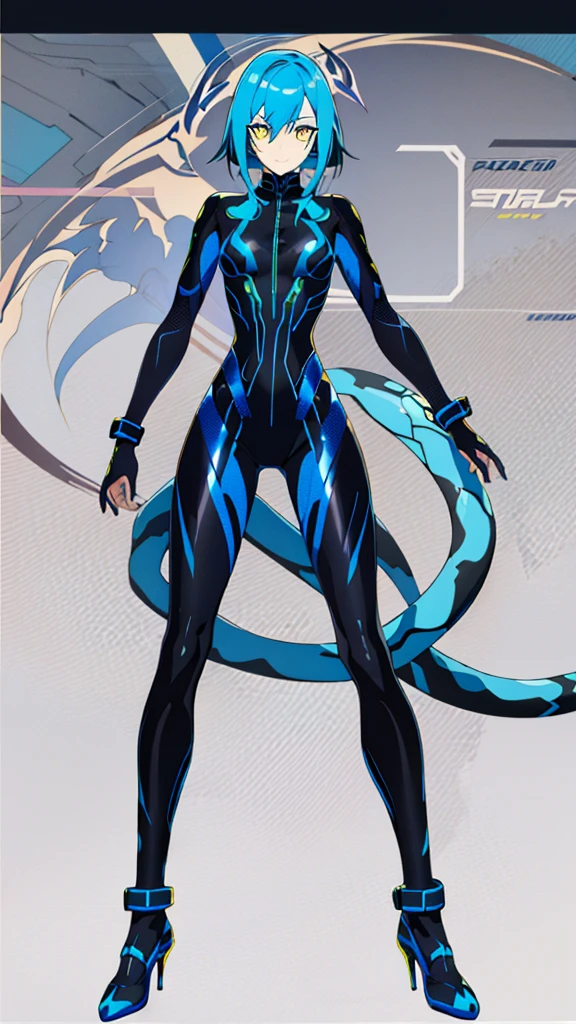 anime character, detailed full body, full body concept art, beautiful full body concept art, full body, anime character; full body art, anime woman fullbody art, snake Tail, Blue skin, yellow eyes, blue bob hair, Black tight suit, High heels, little smile, snake skin pattern in tight suit, blue face