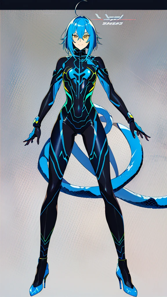 anime character, detailed full body, full body concept art, beautiful full body concept art, full body, anime character; full body art, anime woman fullbody art, snake Tail, Blue skin, yellow eyes, blue bob hair, Black tight suit, High heels, little smile, snake skin pattern in tight suit, blue face