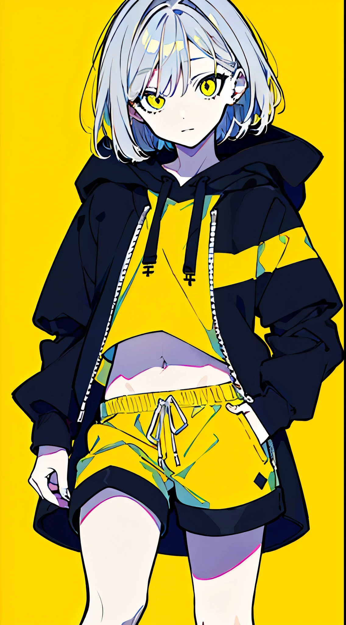 (masterpiece, highest quality:1.6), alone, thick outline, (simple background, Dark yellow background, monochrome, dark yellow theme:1.2), official art, Key Visual, 8K, disorganized, whole body, (Unique hair, Oversized Hoodies, hot pants, arch back, short torso:1.2), belly button, thighs, cowboy shot, HDR, sharp focus, High resolution, most detailed, very detailed, Super detailed, finely, detailed eyes and face, sharp pupils, realistic student